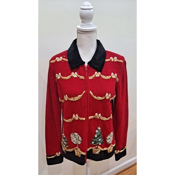 Sweaters - M Vintage Cardigan Sweater Tiara International 2004 Christmas Trees And Topiarys